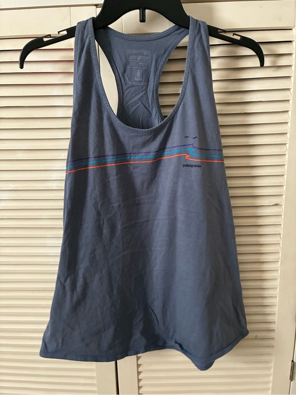 Patagonia Slate Blue Racerback Tank with Multicolor Wave Stripe